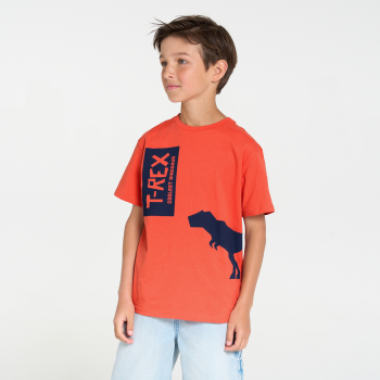 تيشيرت بأكمام قصيرة، مُزيّن برسمة ديناصور، باللون البرتقالي للفتيان